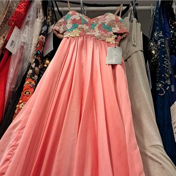 La Femme Embroidered Lace Floral Appliqué Sequins Chiffon Formal Gown Size 0 - Picture 7 of 9